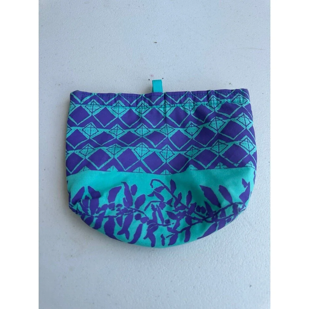 Handmade Hawaiian Silkscreen Teal Hook Loop Closure Nylon Lined Cosmetic Pouch